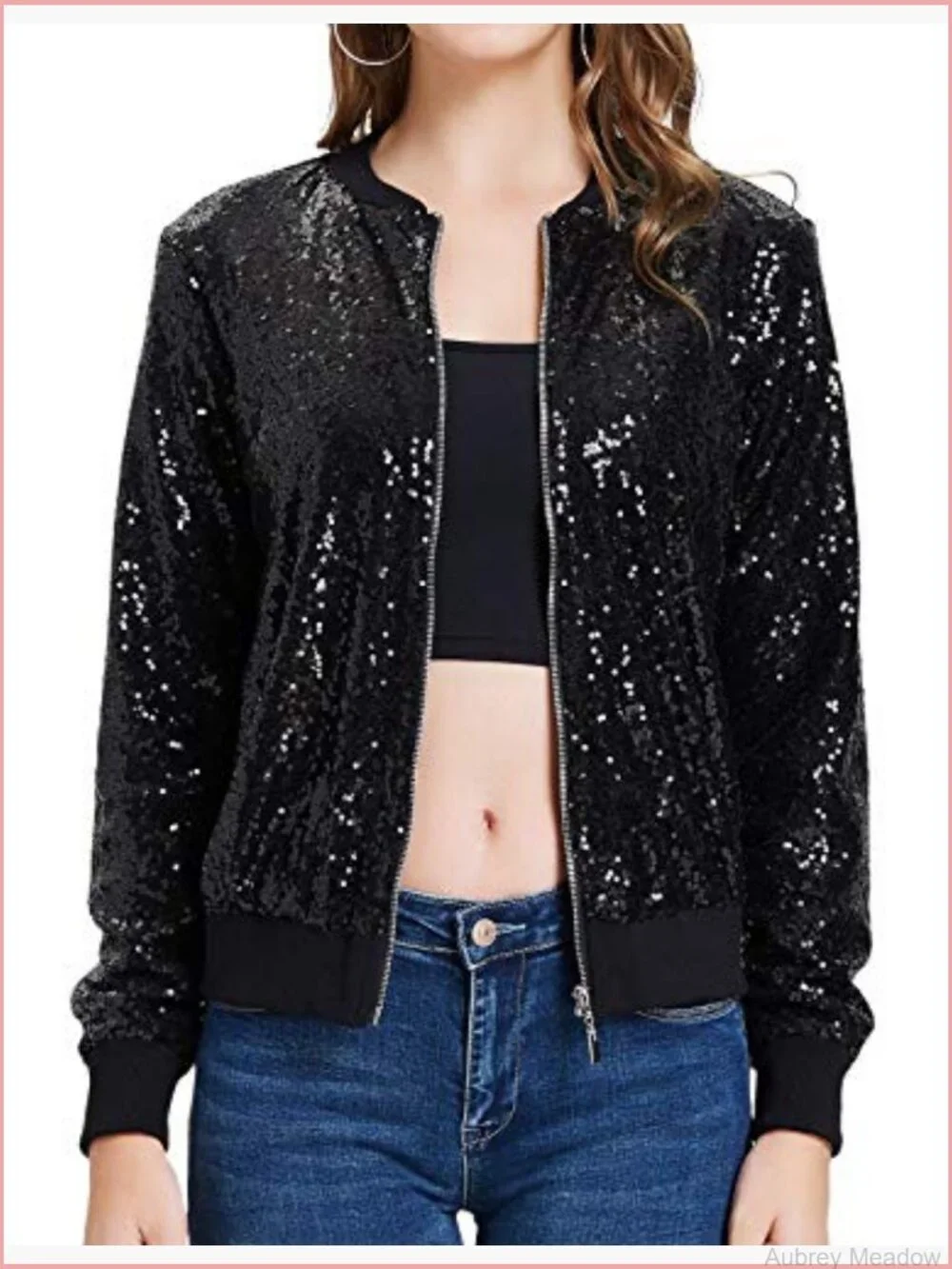 Sequin Bomber Jacket with Pockets Long Sleeve Zip Front Party Blazer S-2XL